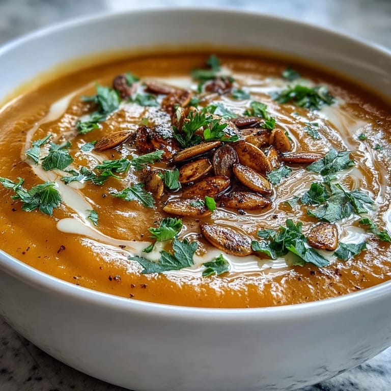 Cozy autumn butternut squash and apple soup steaming gently beside a slice of crusty bread.  