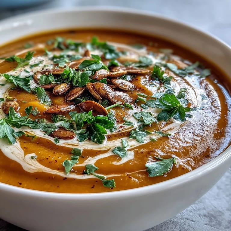 Creamy butternut squash and apple soup served warm, topped with toasted pumpkin seeds for crunch.