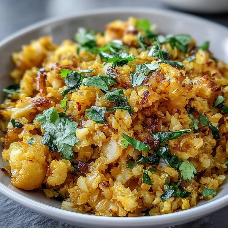 Easily prepared turmeric cauliflower rice, garnished with fresh green herbs.