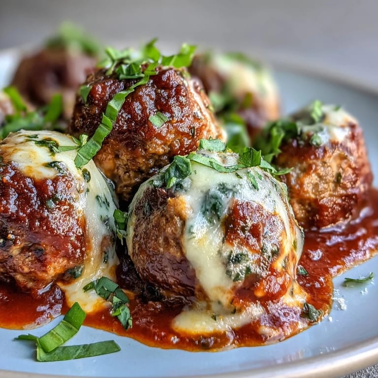 Golden-brown Cheesy, Garlicky Meatballs with Marinara feature bubbling mozzarella, savory beef, and pork nestled in a rustic red sauce.