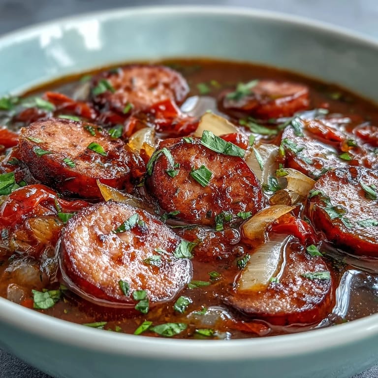 Golden slow-cooker Crock Pot BBQ Cocktail Sausage Soup ladled into a rustic bowl, highlighting the smoky barbecue aroma.