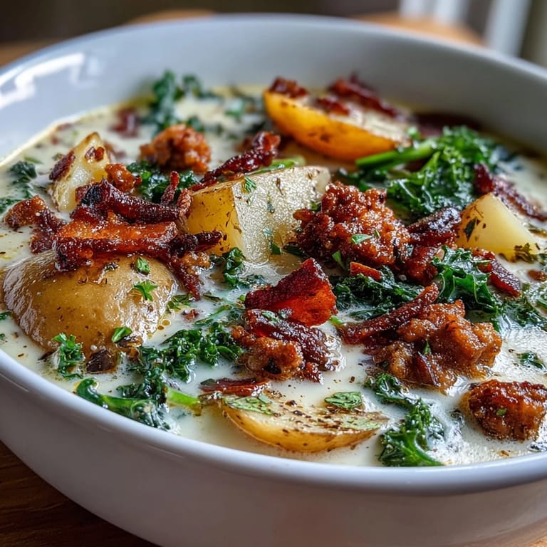 A comforting bowl of Italian Sausage Soup garnished with crispy bacon and fresh kale, ready to be enjoyed with a slice of crusty bread.