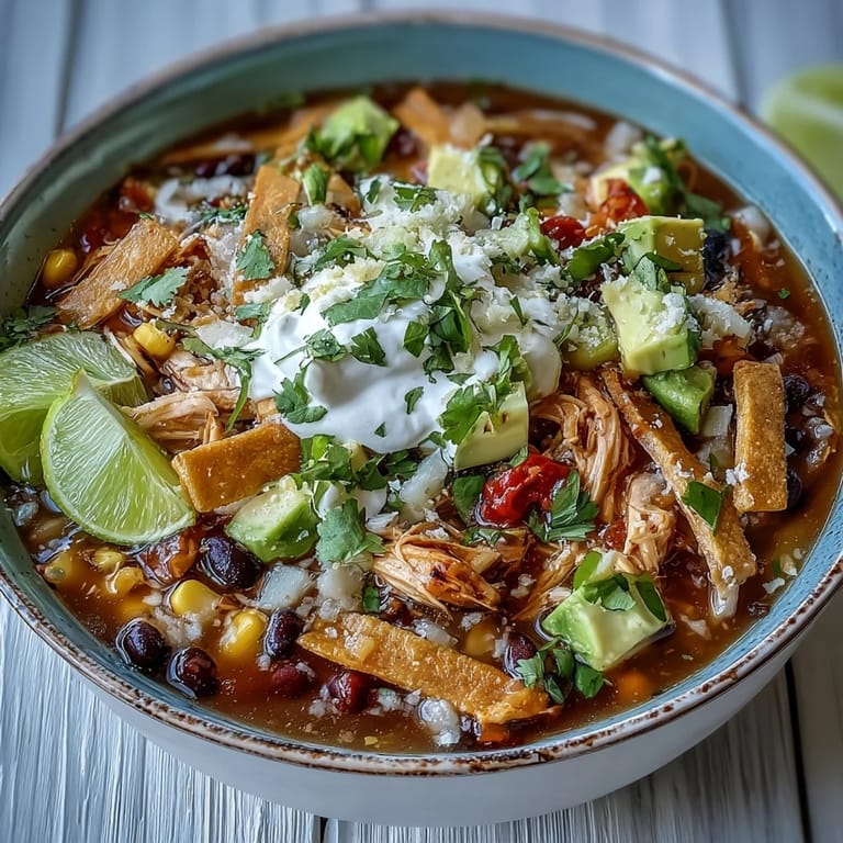 A spoon dipping into a hearty bowl of Instant Pot Chicken Tortilla Soup with lime wedges on the side.