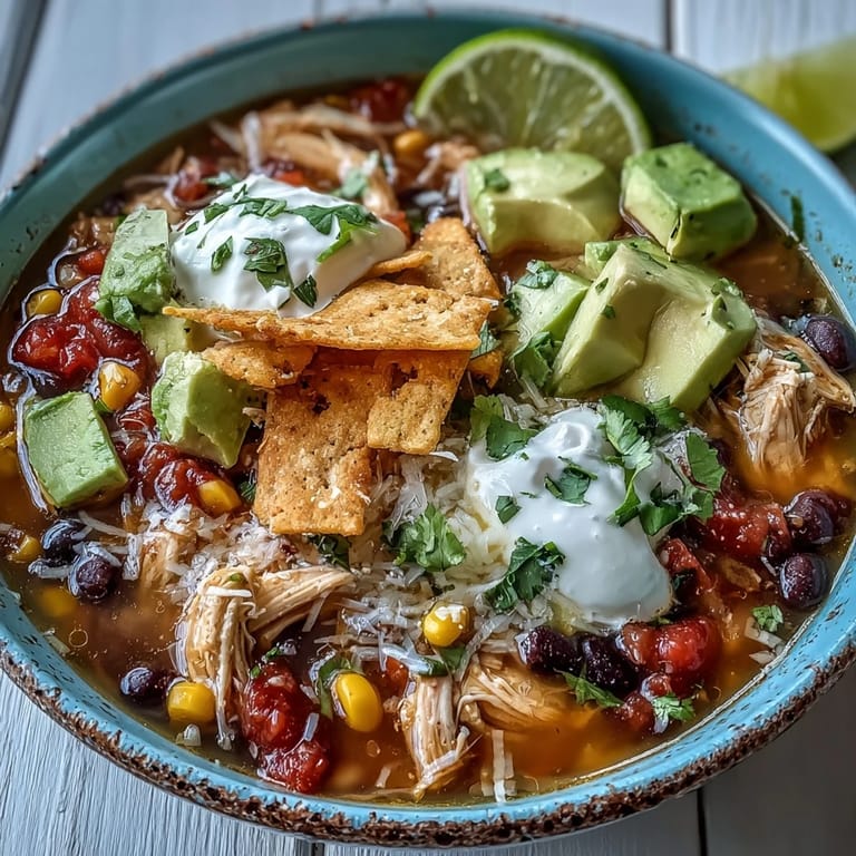 Close-up of tender shredded chicken and black beans in a rich, red Instant Pot Chicken Tortilla Soup.