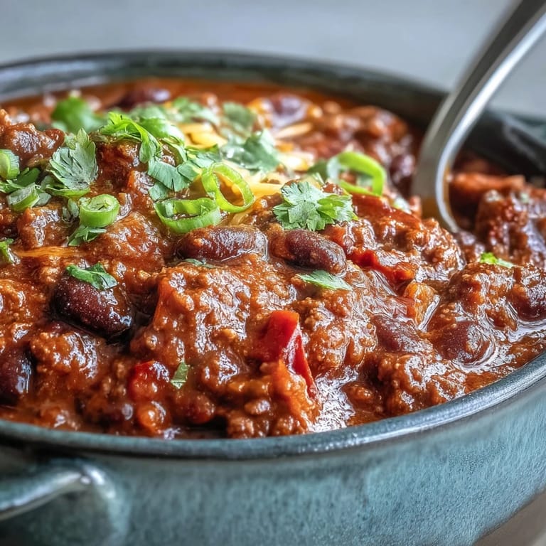 Slow Cooker Chili topped with green onions and cheese, served with cornbread on a checkered napkin.