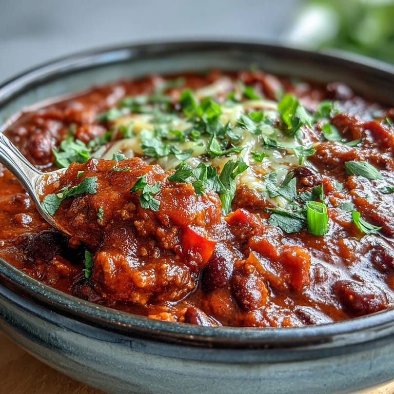 Hearty Slow Cooker Chili in a rustic crockpot, steam rising with beans, tomatoes, and ground beef.
