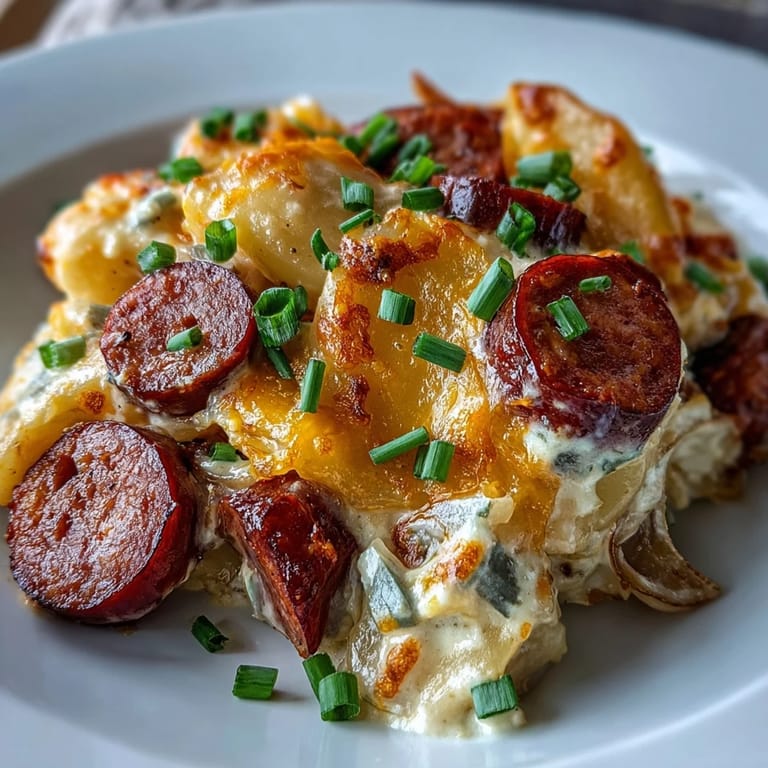 A creamy, cheesy Crockpot Pierogi Casserole With Kielbasa served on a plate, garnished with fresh parsley and ready to eat.