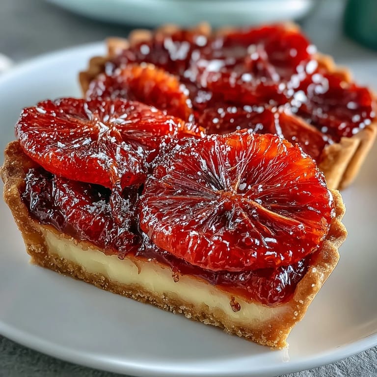 Sliced Blood Orange Tarts show flaky crust and creamy vanilla custard filling, topped with tangy blood orange segments.