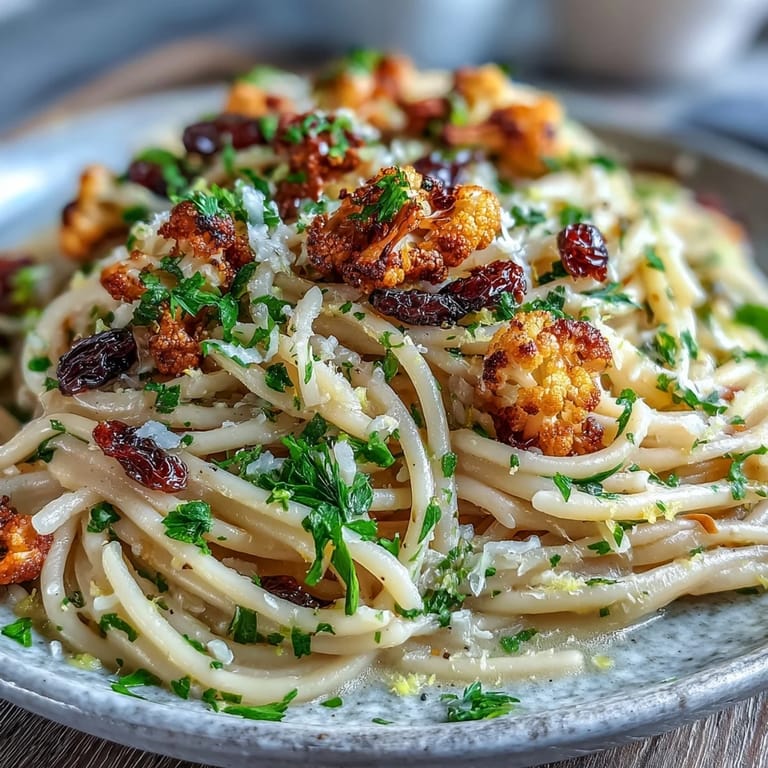 Savory Cauliflower, Anchovy and Raisin Spaghetti plated with fresh parsley and a lemon zest garnish.