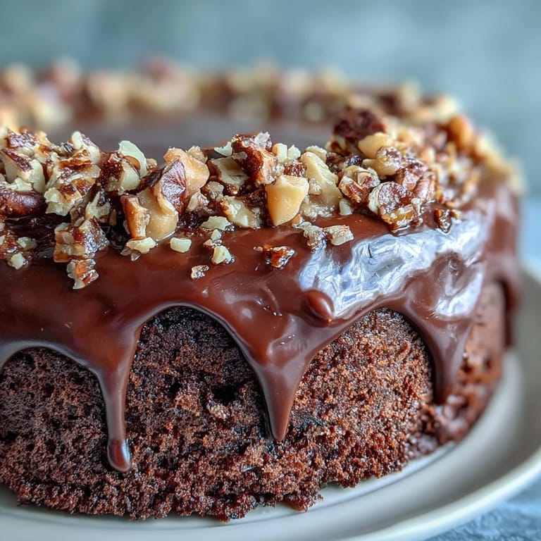 A moist Chocolate Celebration Cake slice reveals layers of rich ganache and hazelnut praline garnish.