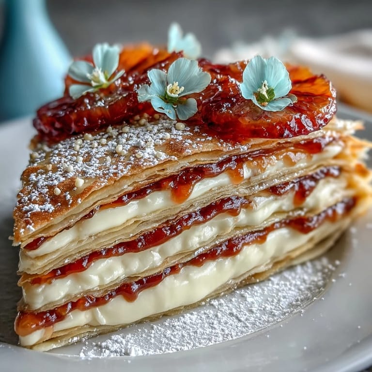 Freshly plated Blood Orange Curd Crêpe Cake with a dusting of powdered sugar, ready to serve chilled.