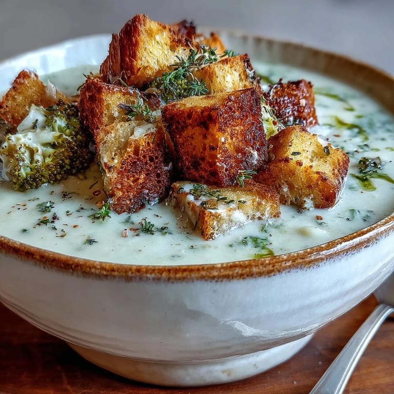 Homemade Cauliflower and Broccoli Soup with tender vegetables, creamy texture, and crispy croutons.