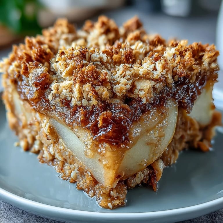 A scoop of vanilla ice cream melting over a freshly baked pear crumble, revealing tender pears beneath a buttery, crisp layer.  