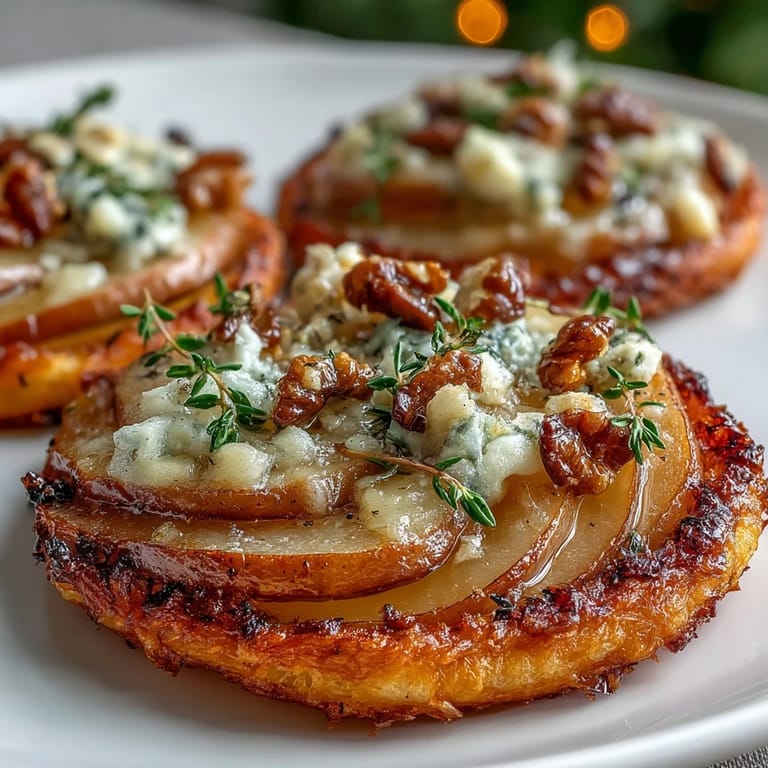 Pear, Gorgonzola, and Pickled Walnut Pizzettes cooling on a wire rack, showing golden crust and bubbly cheese.
