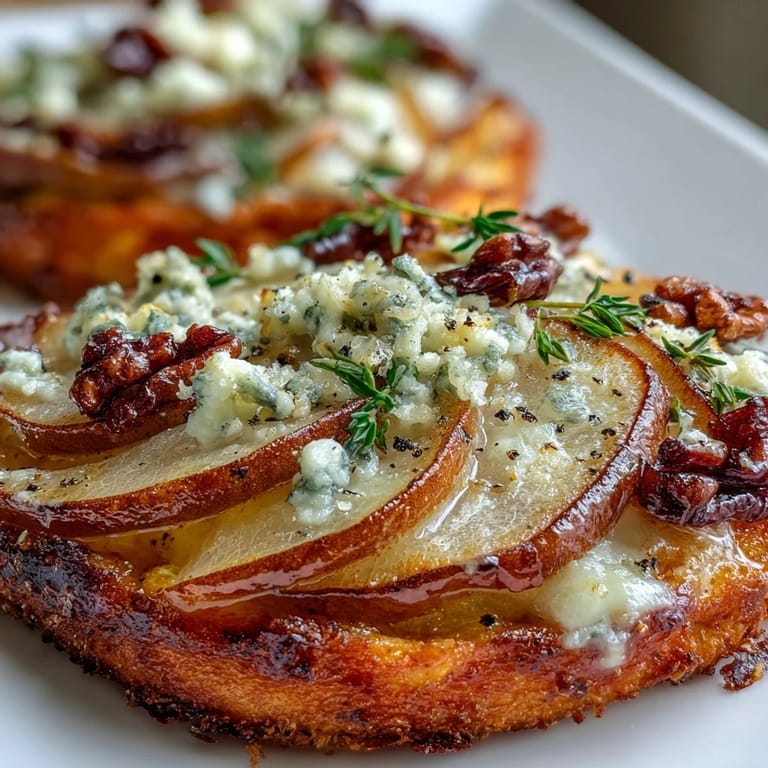 Plated Pear, Gorgonzola, and Pickled Walnut Pizzettes with arugula and honey drizzle, served as an elegant appetizer.