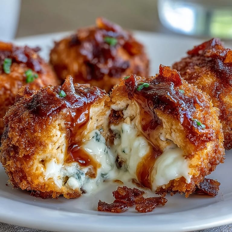 Freshly fried Buffalo Chicken Bacon Mozzarella Bombs with gooey mozzarella, spicy buffalo sauce, and bacon.