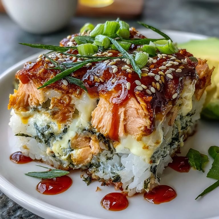 Deconstructed Spicy Salmon Sushi Bake topped with sesame seeds and drizzled sriracha mayo, garnished with green onions.