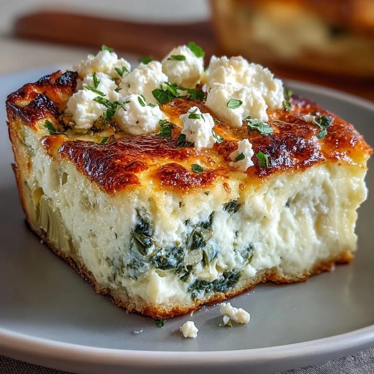 Sliced portion of High Protein Spinach Artichoke Casserole on a plate, garnished with fresh herbs.