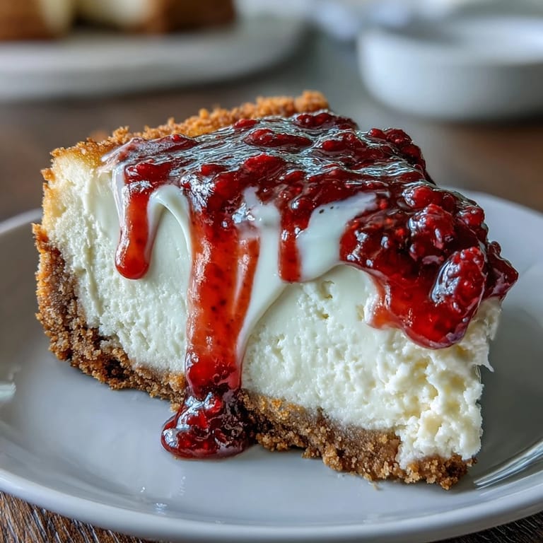 A whole Indulgent White Chocolate Raspberry Cheesecake Bliss, garnished with fresh raspberries and a drizzle of sauce, ready to serve for a celebration.