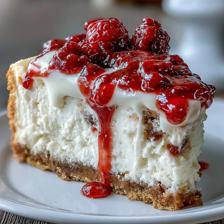 A beautifully plated slice of Indulgent White Chocolate Raspberry Cheesecake Bliss, topped with a fresh raspberry, set against a soft, inviting background.