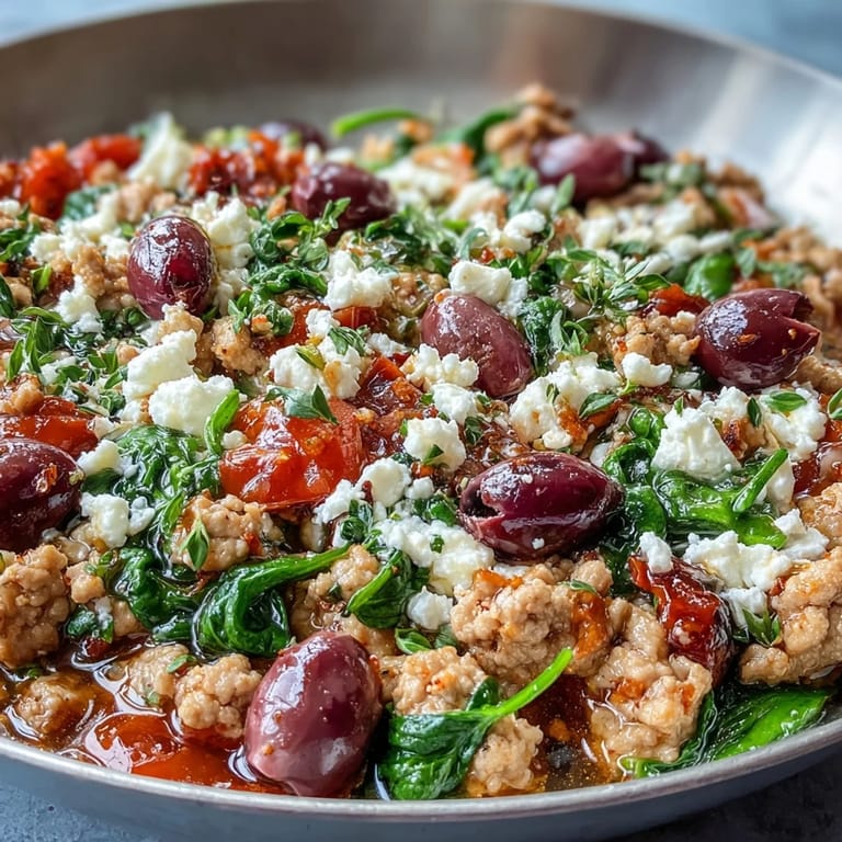 A rustic skillet of Mediterranean Keto Ground Chicken Skillet topped with bright cherry tomatoes, briny olives, and creamy feta.