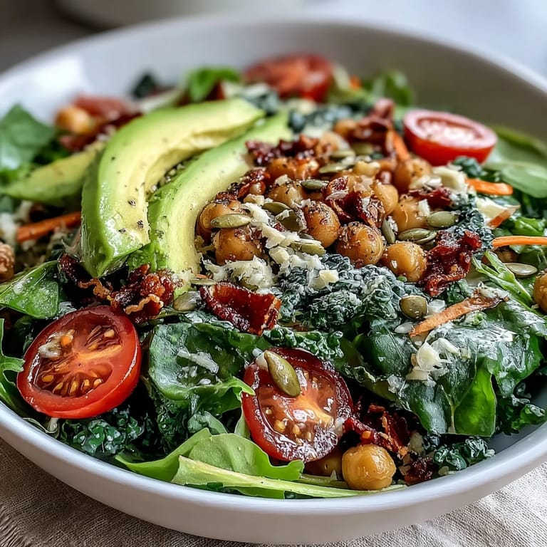 Close-up of a Mixed Greens Power Bowl featuring cherry tomatoes, cucumbers, and pumpkin seeds, perfect for a quick meal.