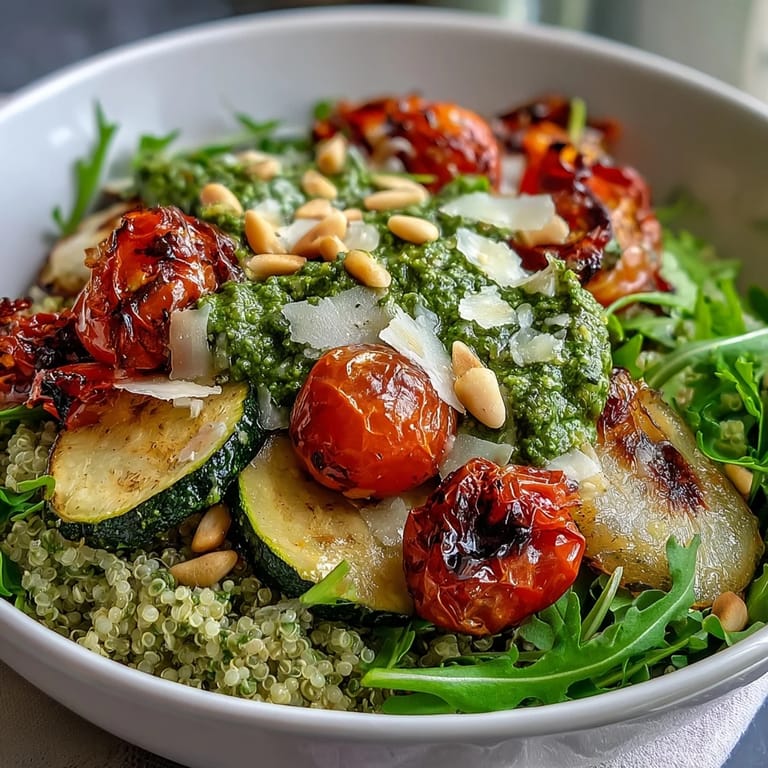 A warm serving of Arugula Pesto Bowl with quinoa and roasted veggies, drizzled generously with vibrant homemade pesto.