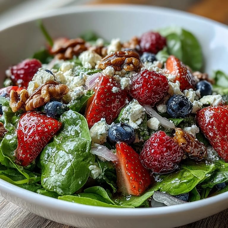 A vibrant bowl of spinach and berry salad, featuring juicy strawberries, blueberries, and tangy goat cheese, perfect for a light lunch.