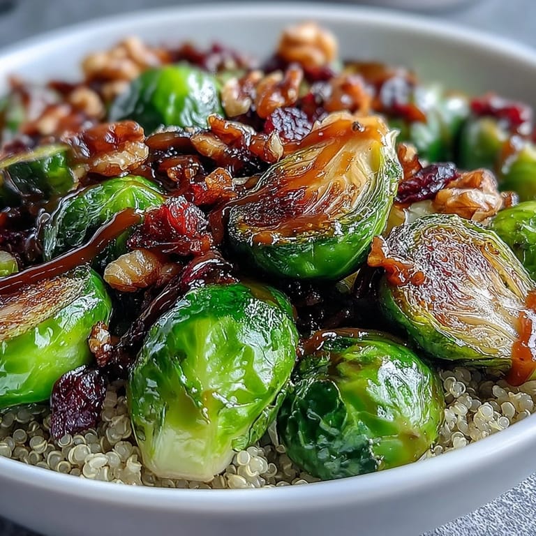 Steaming roasted Brussels sprouts bowl with glistening balsamic glaze, finished with toasted pumpkin seeds for a vibrant, savory lunch or weeknight meal.