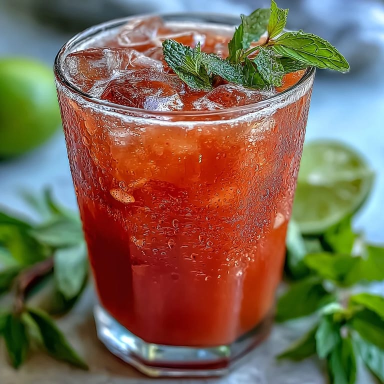 Two glasses of chilled Guava Nectar Drink with vibrant pink liquid, fresh mint leaves, and condensation on the glass.