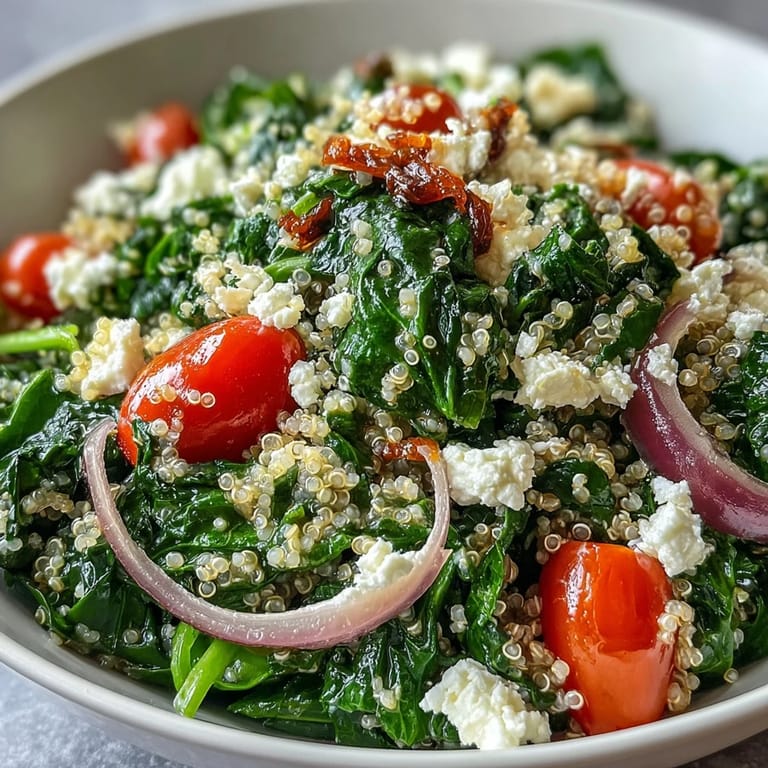 Vibrant spinach and feta grain bowl with quinoa, cherry tomatoes, and a tangy lemon-olive oil dressing.