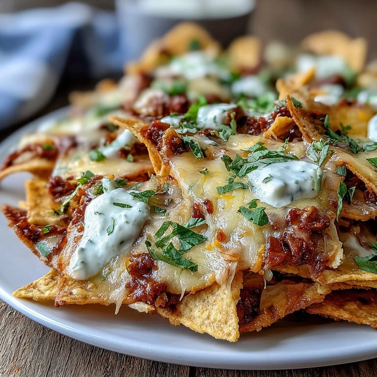 Crispy tortilla chips smothered in rich cheese sauce and spicy jalapeños, served with tangy toppings for a perfect game-day snack.