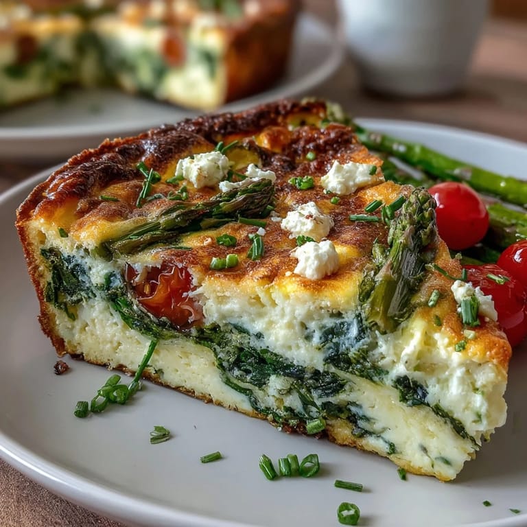 A fluffy frittata filled with fresh spring vegetables and herbs, topped with feta, baked until perfectly set and lightly golden.