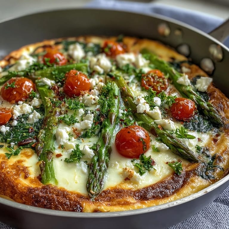 Vibrant spring vegetable frittata with tender asparagus, juicy tomatoes, and fresh herbs, served warm for a healthy, satisfying meal.