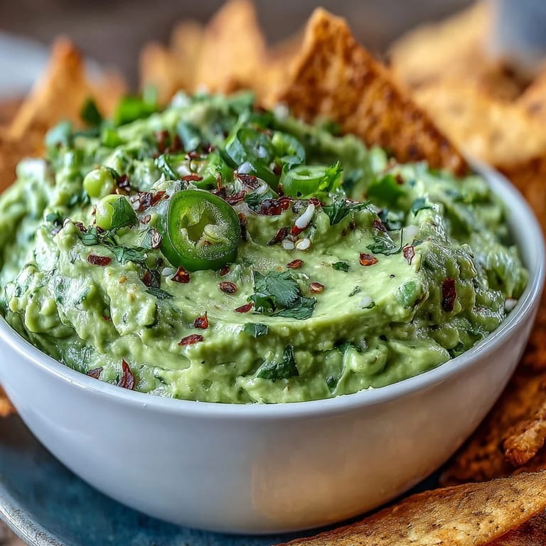 Bright green edamame guacamole topped with diced red onion, paired with warm, spiced pita chips for dipping.  