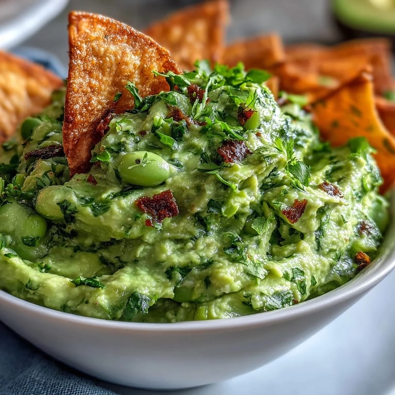 Healthy edamame guacamole blended with avocado and jalapeño, served alongside crunchy whole wheat pita chips.