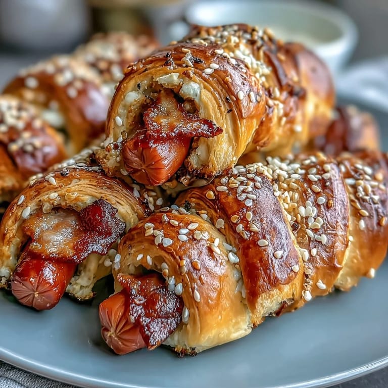 Bite-sized crescent-wrapped hot dogs, brushed with egg wash and sprinkled with sesame seeds, served with ketchup and mustard.