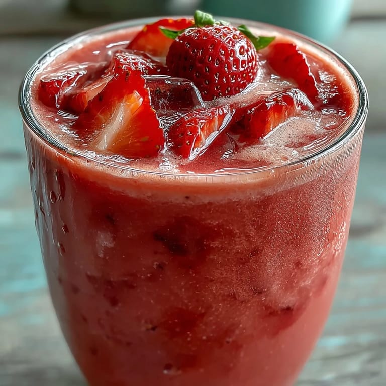 Iced pink drink featuring juicy strawberries, tangy açaí, and smooth coconut milk, served in a tall glass with fresh fruit.