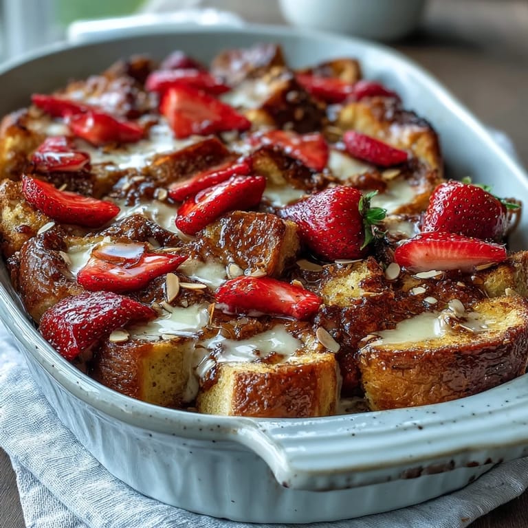 Fluffy strawberry French toast casserole with brioche cubes, fresh berries, and vanilla custard, baked until golden and served warm for a festive brunch.