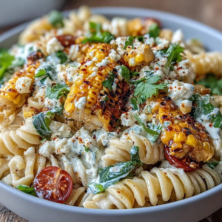 Creamy Mexican-inspired pasta salad featuring sweet charred corn, tangy lime, and crumbled Cotija cheese, garnished with fresh cilantro.