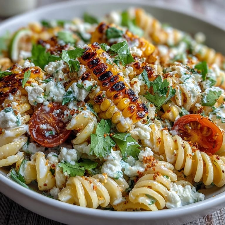 Colorful Elote Pasta Salad with smoky chili dressing, juicy tomatoes, and zesty lime, topped with Cotija cheese for a bold side dish.