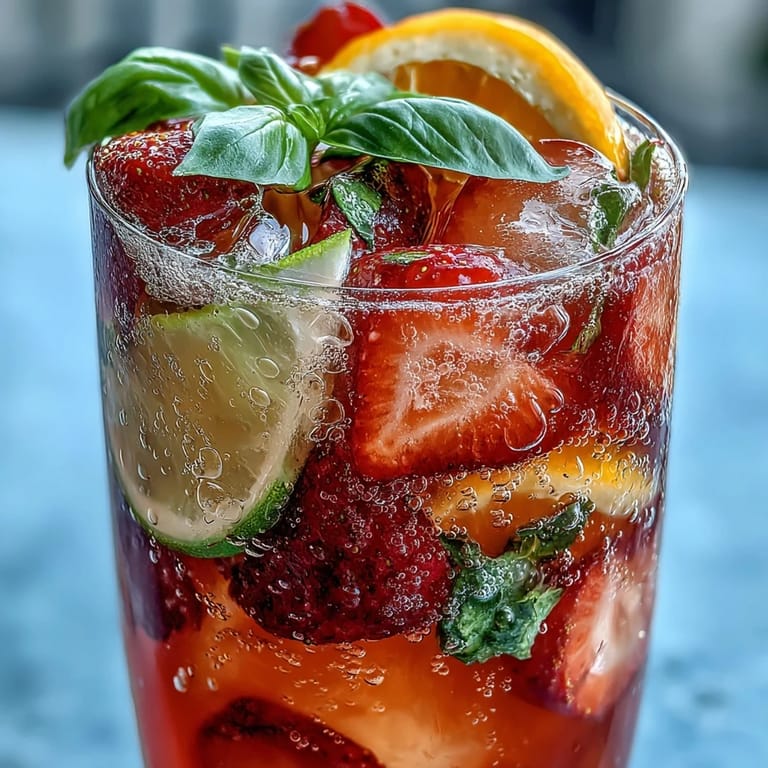 Refreshing Strawberry Basil Sangria Mocktail featuring juicy strawberries, citrus wheels, and aromatic basil, ideal for festive occasions.