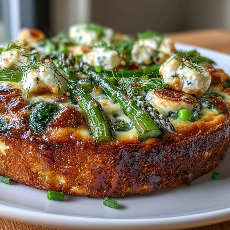 Wholesome Spring Frittata with Asparagus, Peas and Goat Cheese, baked until fluffy and topped with fresh herbs for a nourishing brunch.