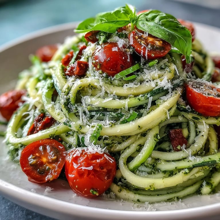 Spiralized zucchini with homemade pesto and sweet cherry tomatoes, perfect for a quick vegetarian dinner