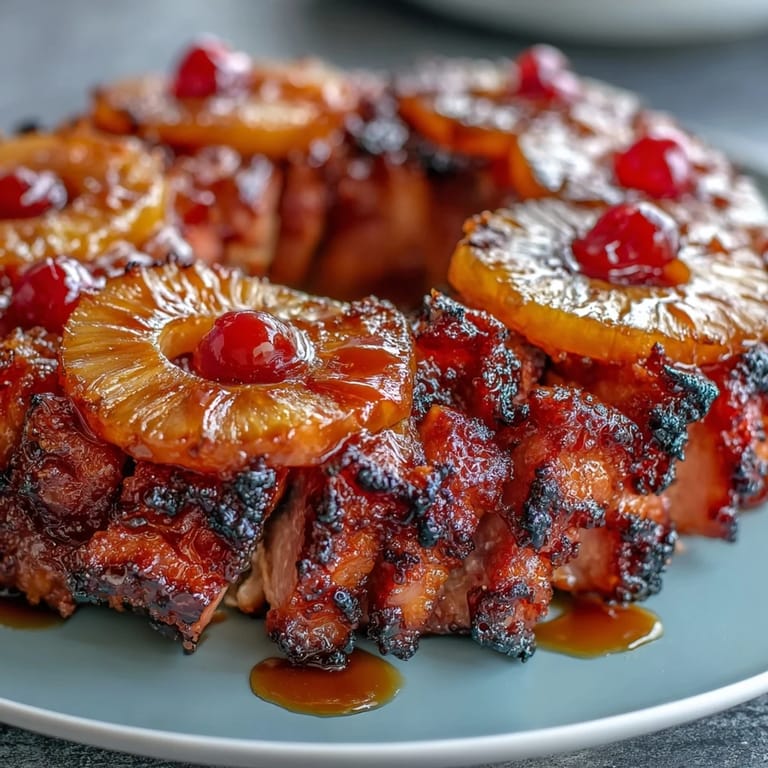 Golden honey glazed ham studded with pineapple and cherries, offering a beautiful and delicious holiday main course.