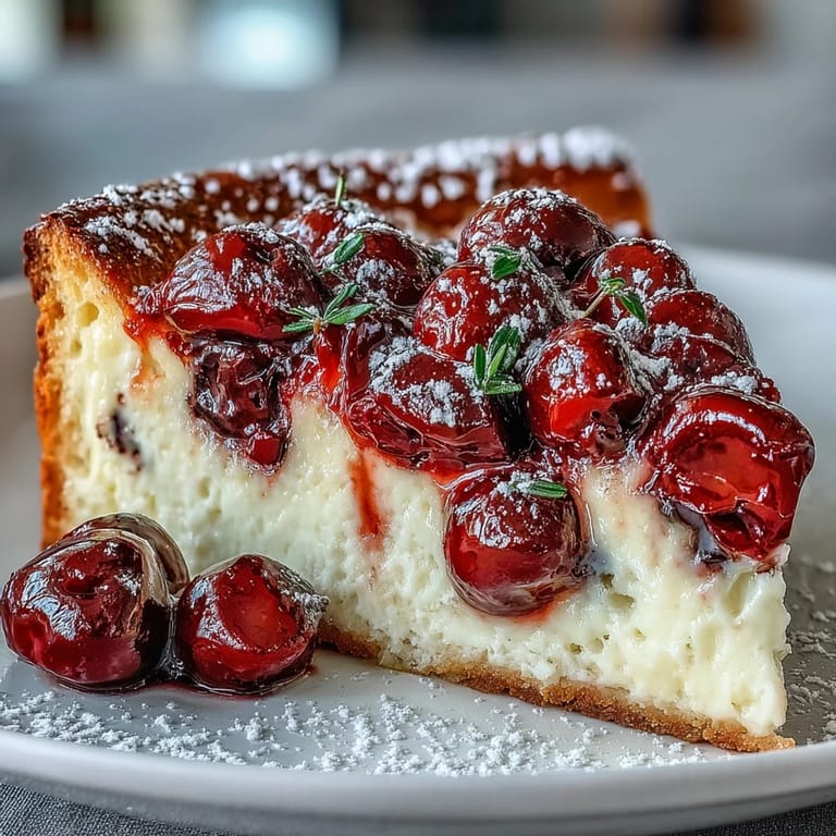 Elegant fresh cherry clafoutis dusted with powdered sugar, a delightful sweet treat presentation.