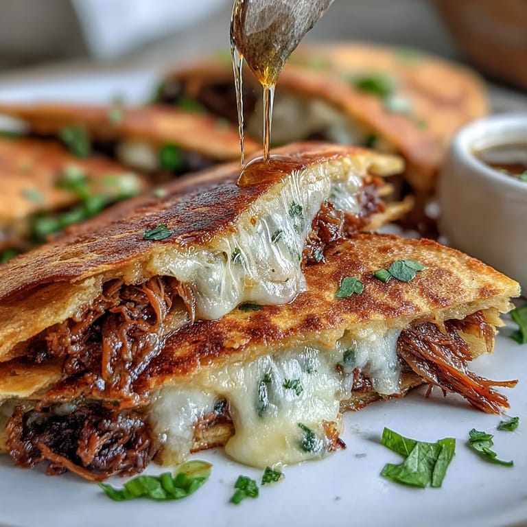 Crispy, flavorful Cinco de Mayo Birria Quesadillas piled high with shredded beef and cheese.