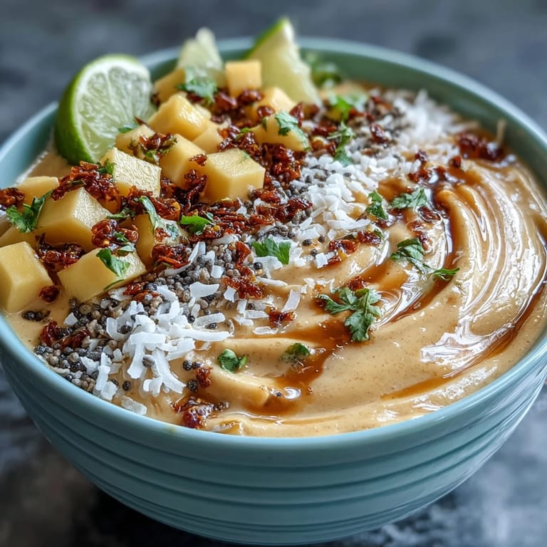 Delectable Mango Chili Lime Smoothie Bowl, creamy tropical delight sprinkled with crunchy granola.