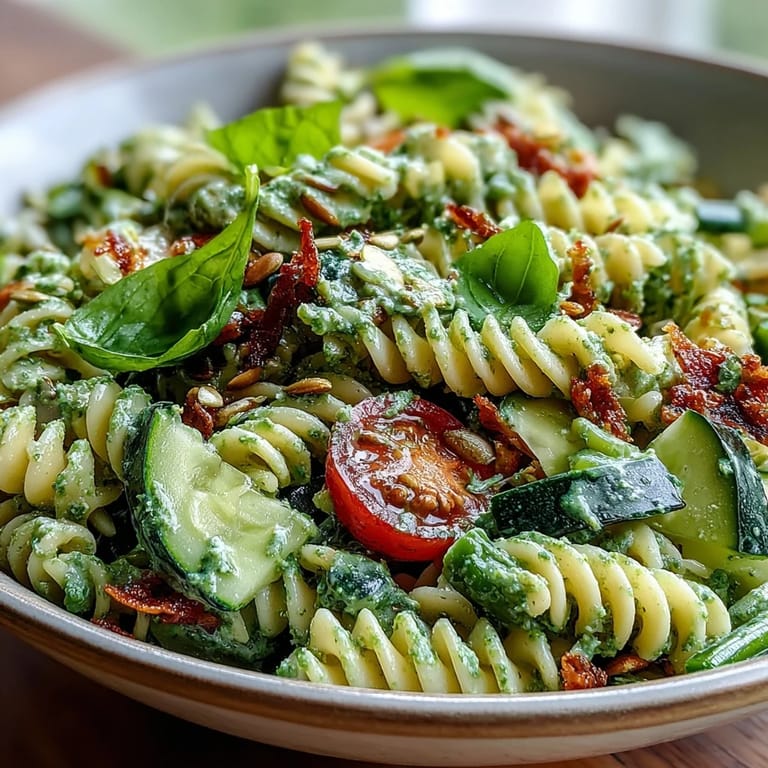 A refreshing bowl of Green Goddess Pasta Salad bursting with fresh vegetables and herbs.