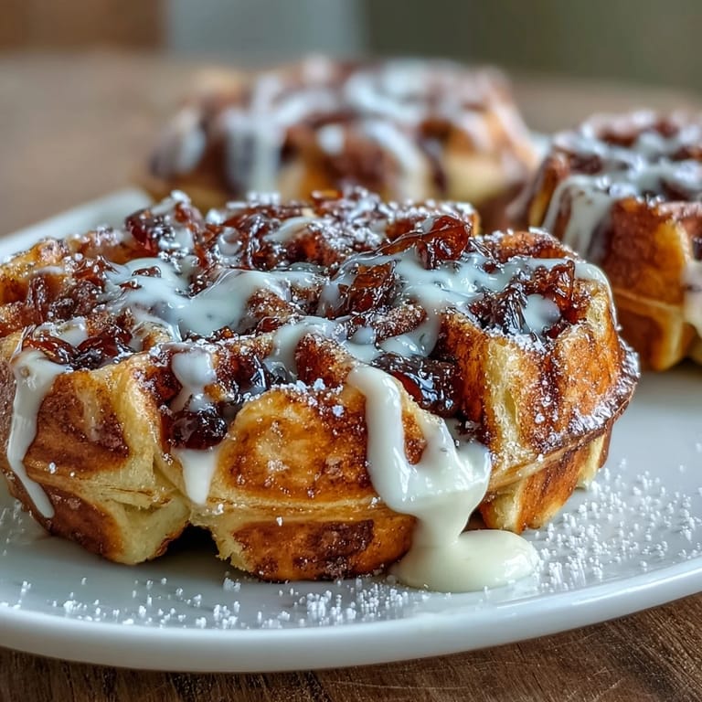 Fluffy, swirled Cinnamon Roll Waffles ready for a sweet brunch spread.
